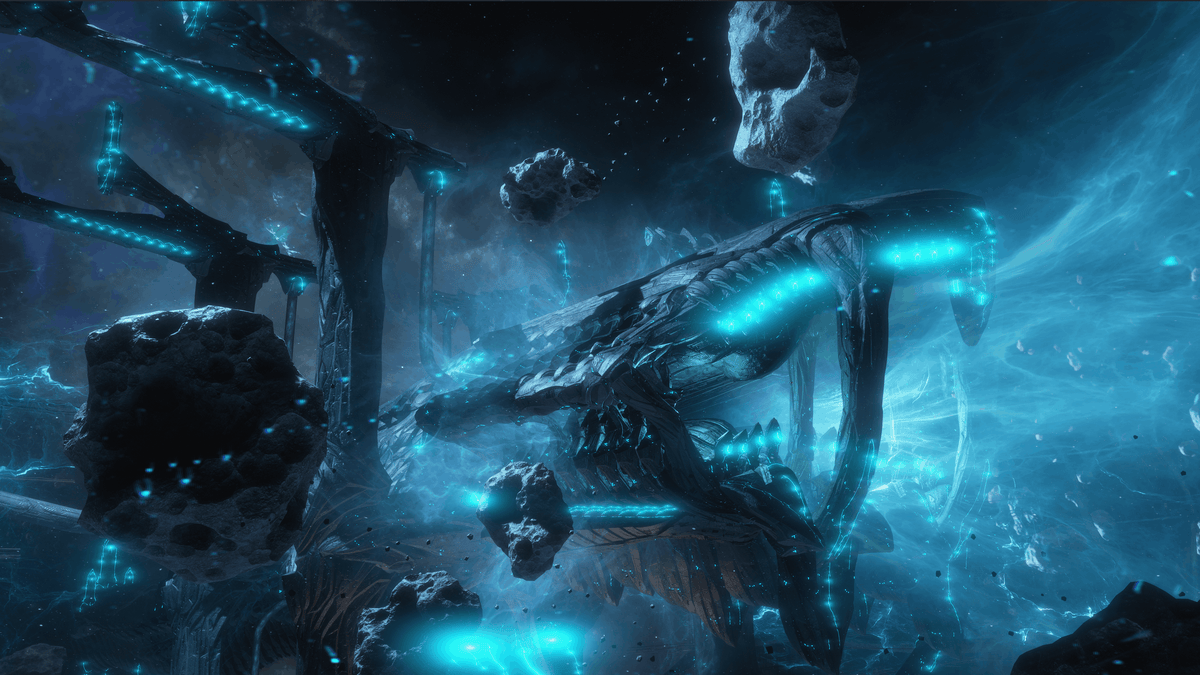 Official Warframe image of the blue-lit Sentient mothership Praghasa surrounded by rocky debris