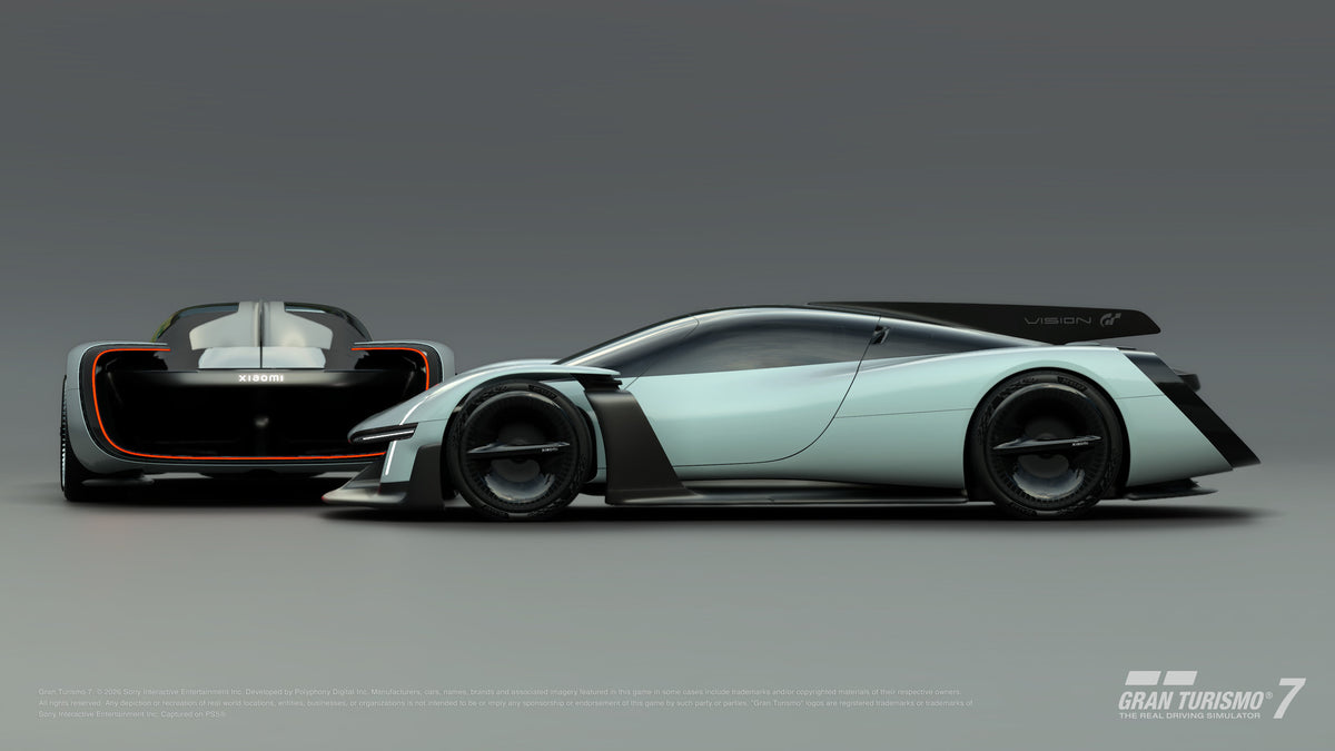 Official Gran Turismo 7 image showing the Xiaomi Vision Gran Turismo from the front and side