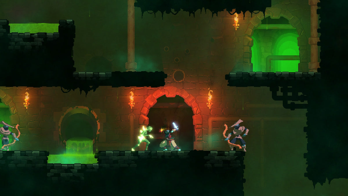 The Dead Cells character fights between enemies in a green-lit sewer