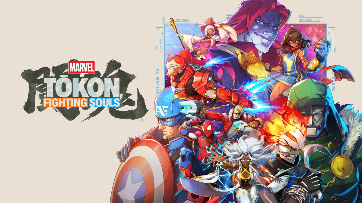 Official MARVEL Tokon Fighting Souls base-game key art with Marvel heroes and villains beside the game logo