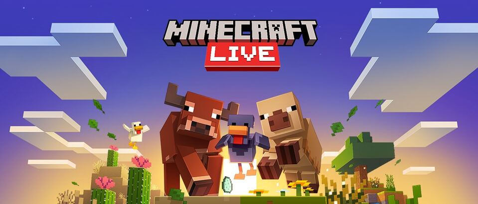 Archival Minecraft Live promotional artwork published by Microsoft News Center on March 24, 2025, with block-shaped farm animals and the event logo
