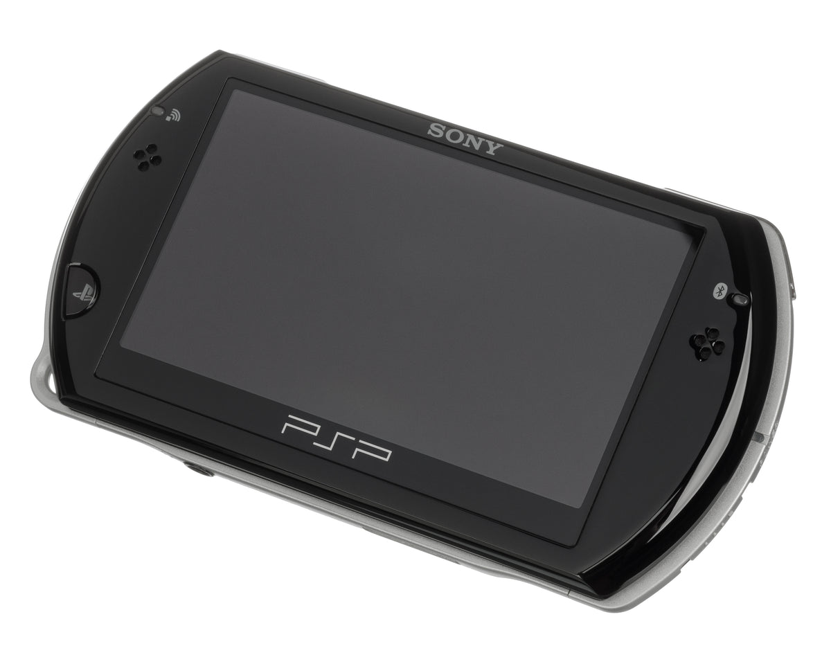 Black Sony PSP Go handheld shown closed against a white background