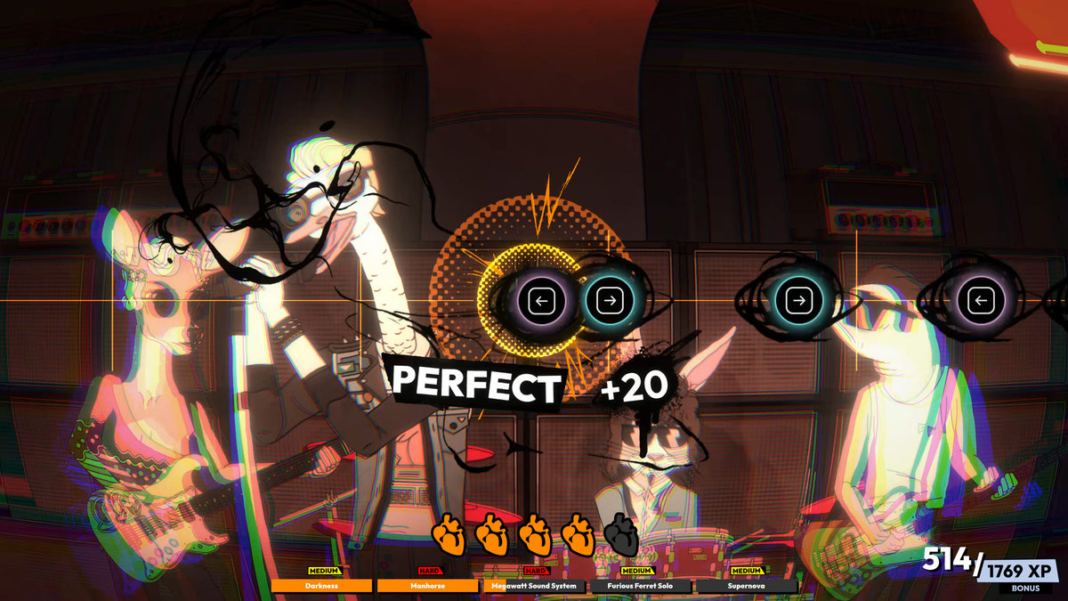 Rockbeasts rhythm-performance gameplay showing the band playing behind timed directional prompts