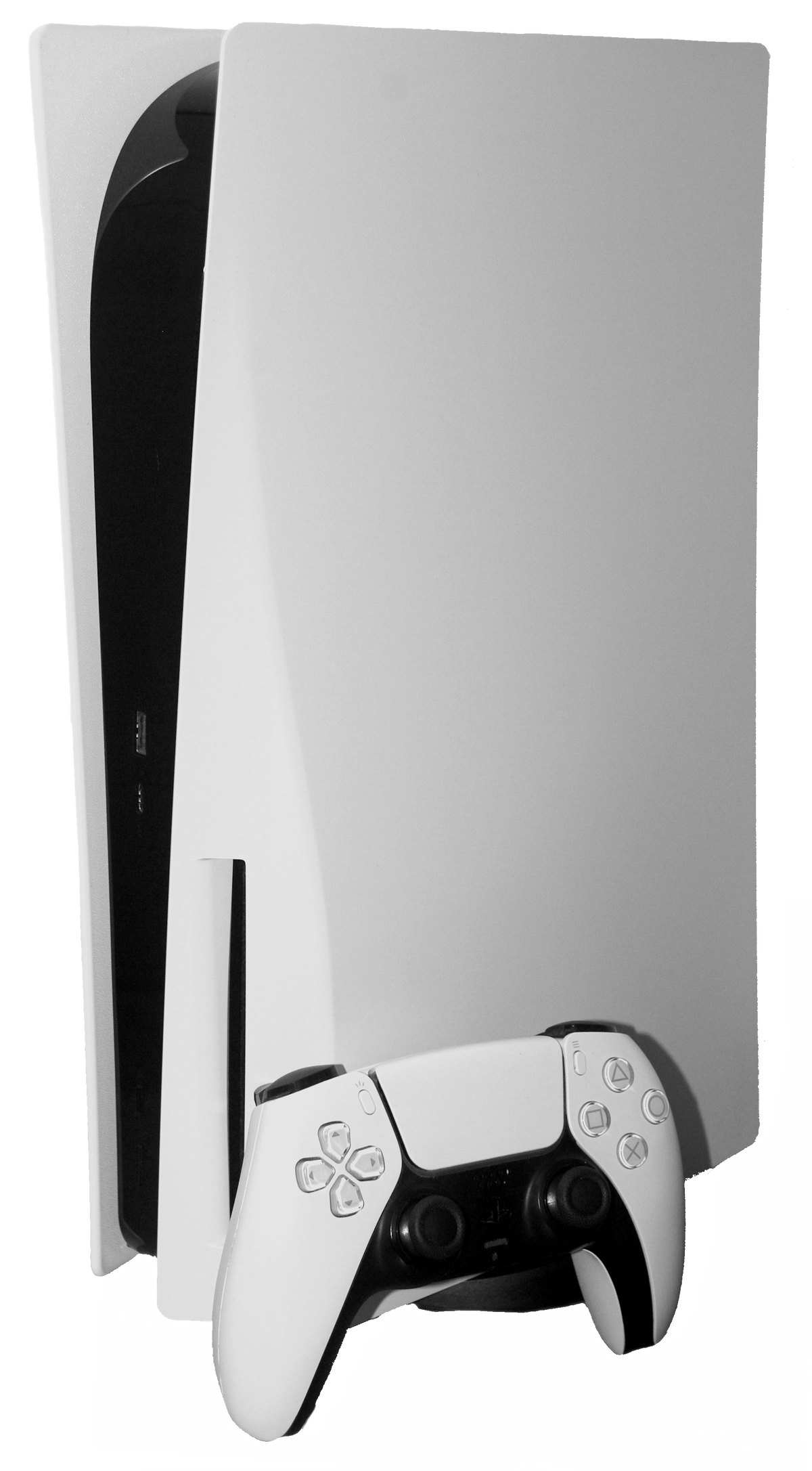 A PlayStation 5 console with disc drive and a DualSense controller