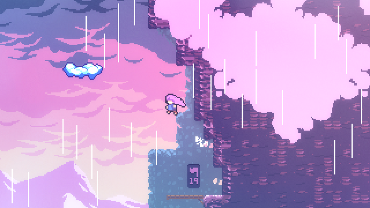 Madeline climbs an outdoor cliff above pink clouds in Celeste