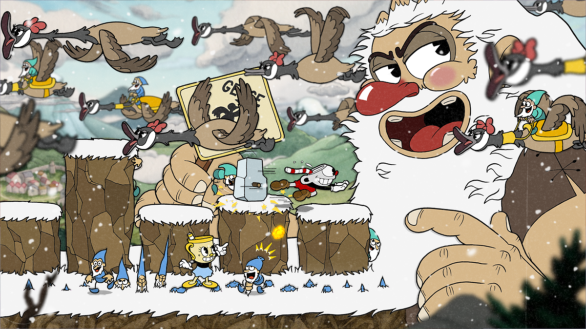 Glumstone the Giant looms over Cuphead and Ms. Chalice among snowy platforms and birds in The Delicious Last Course