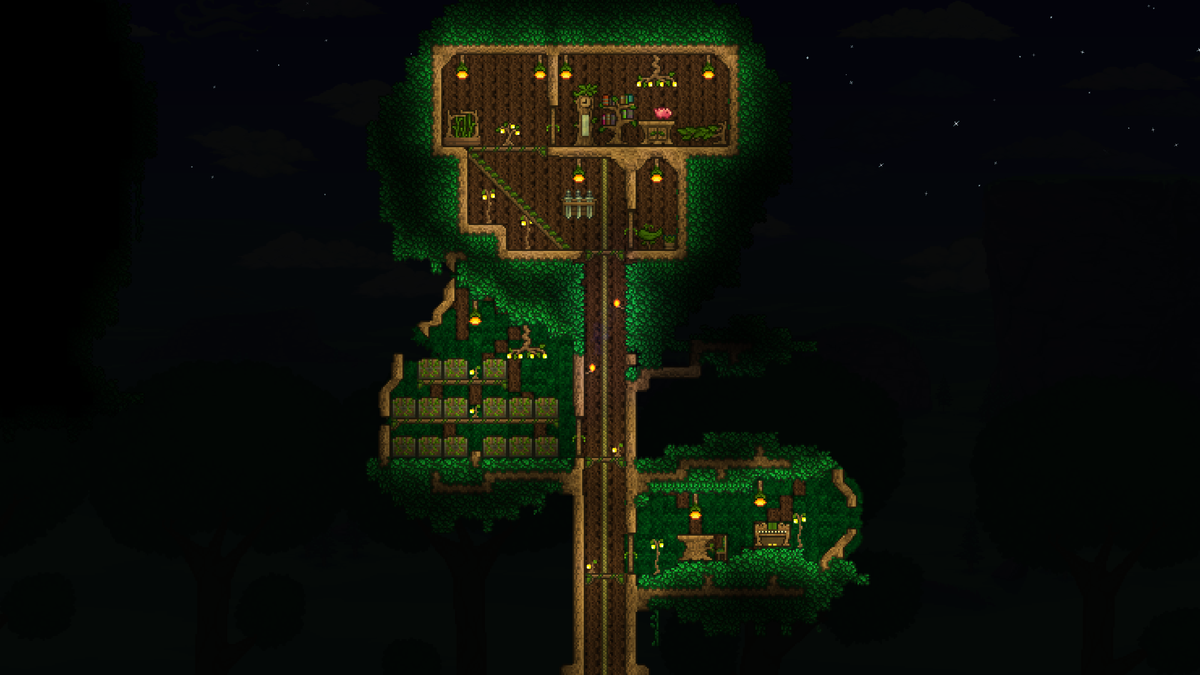 Furnished Terraria treehouse at night in a modern publisher promotional screenshot
