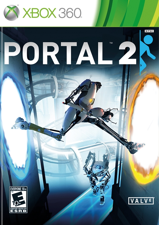 Portal 2 Xbox 360 cover showing the two cooperative robot characters and linked portals