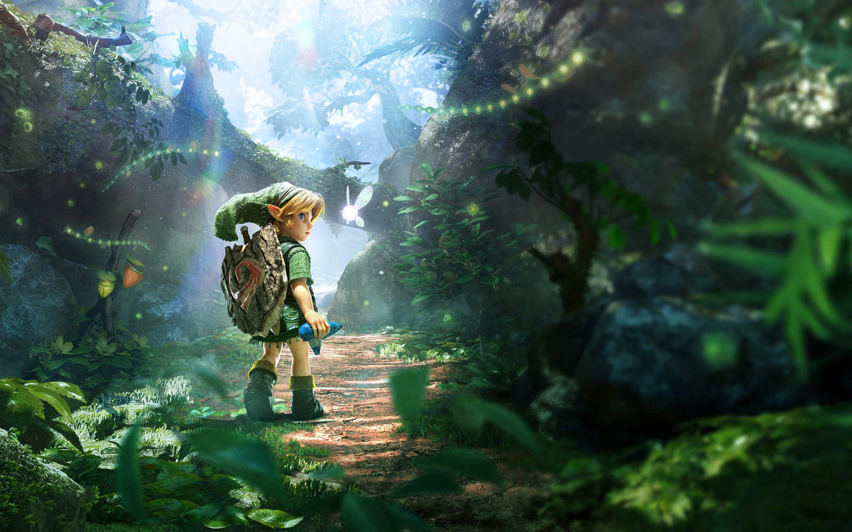 Official Nintendo Switch 2 Ocarina of Time key art showing young Link setting out with Navi