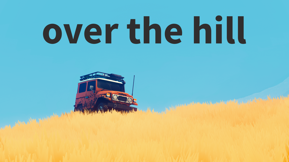 over the hill key art with a red off-road vehicle cresting a golden field