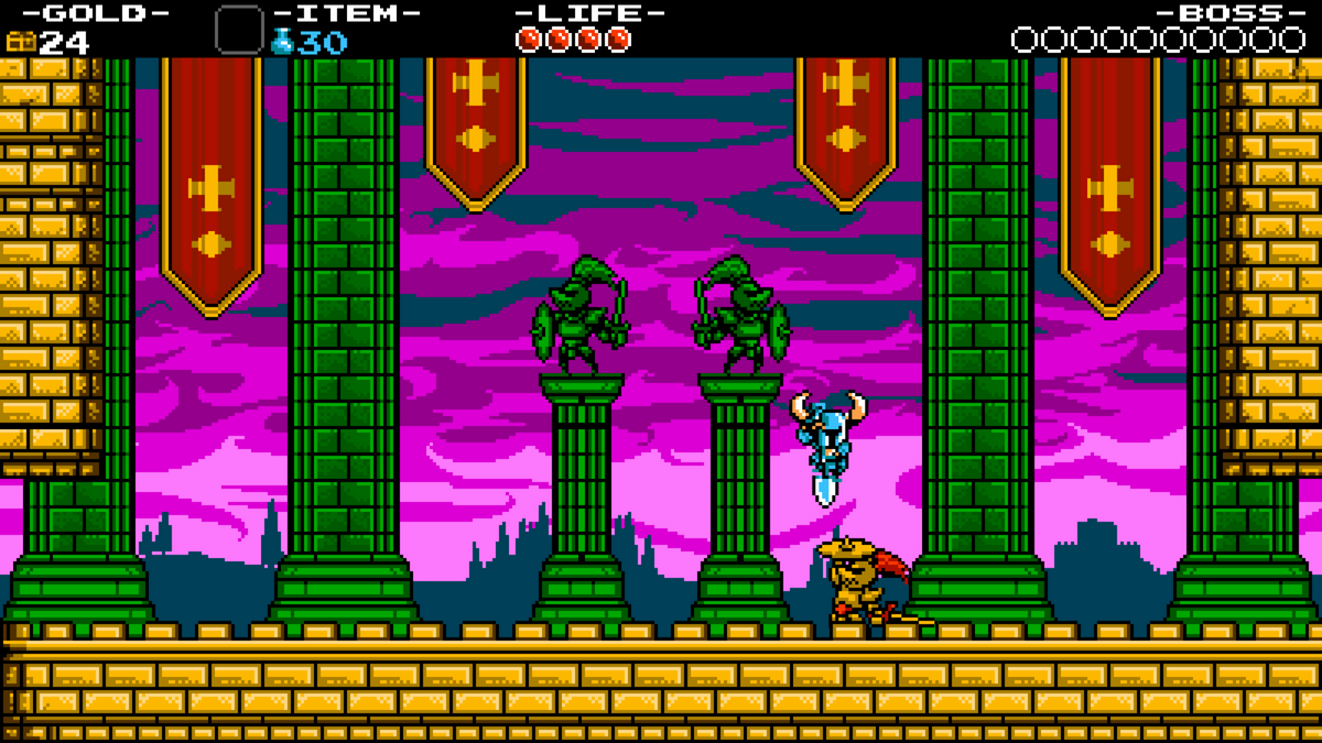 Shovel Knight uses the Shovel Blade downward strike above an enemy in Shovel of Hope.