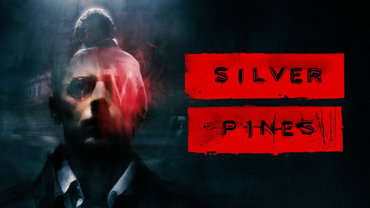 Silver Pines key art showing a lone figure facing a foggy town beneath a red sky