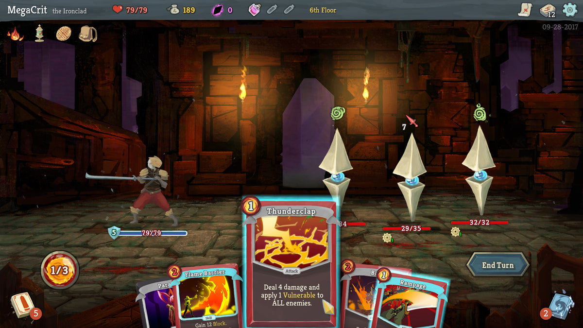 Slay the Spire Ironclad facing three enemies with Thunderclap selected