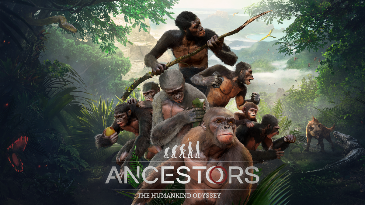 Ancestors: The Humankind Odyssey official hero artwork showing a clan of hominids in a forest