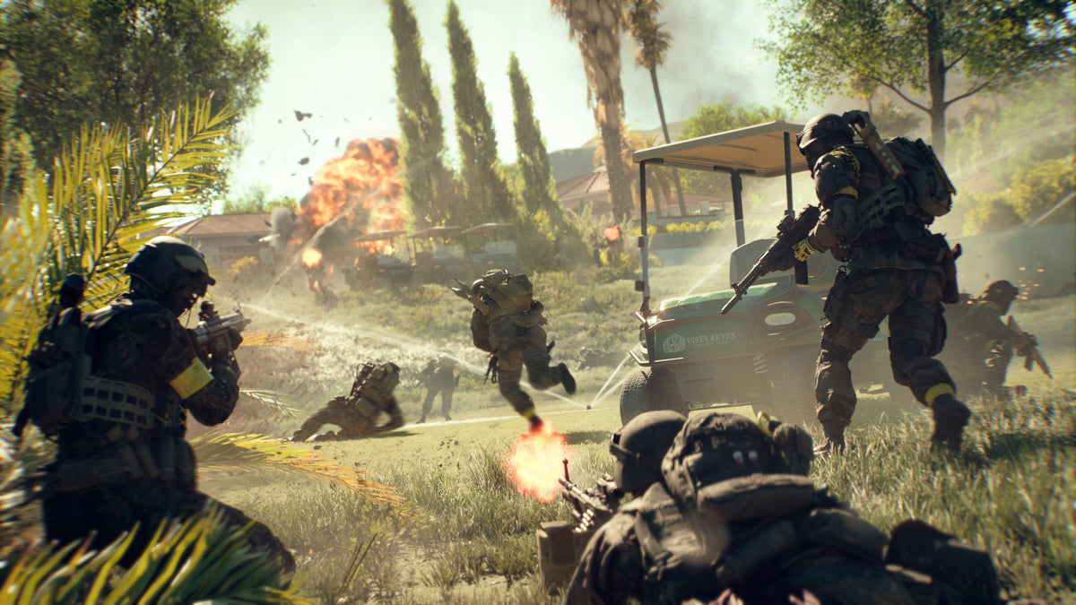 Older Battlefield 6 Eastwood gameplay screenshot showing soldiers fighting beside a golf cart