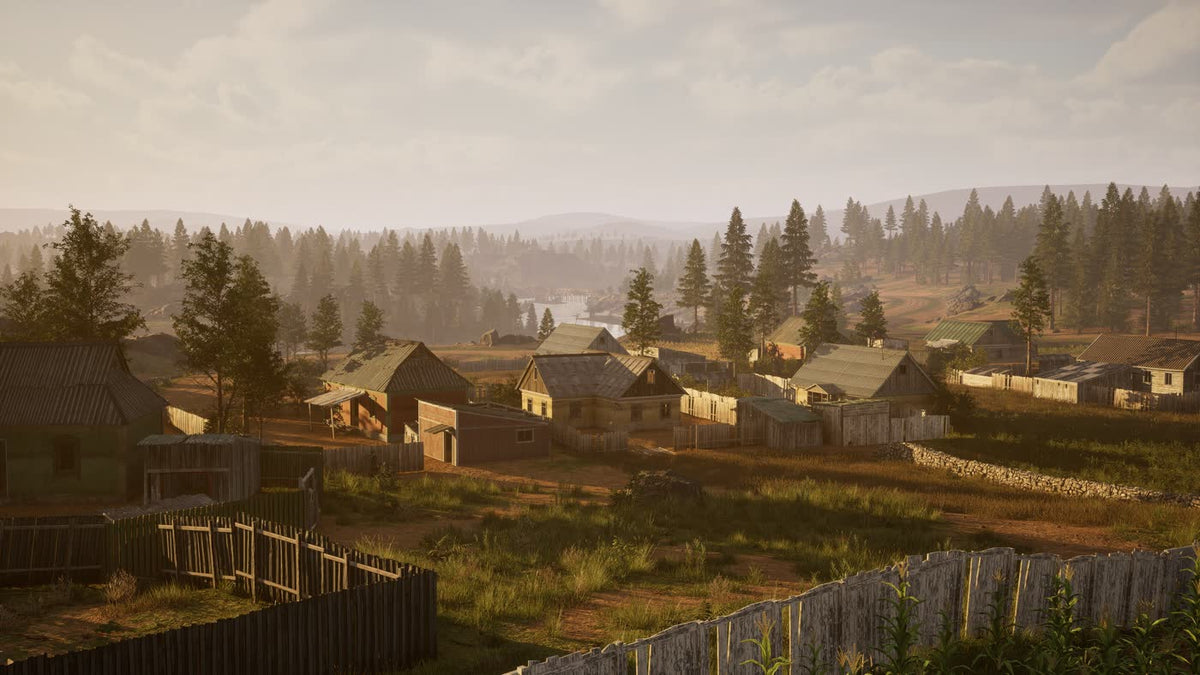 Village buildings, open fields, and forest in Squad’s official console preview gallery