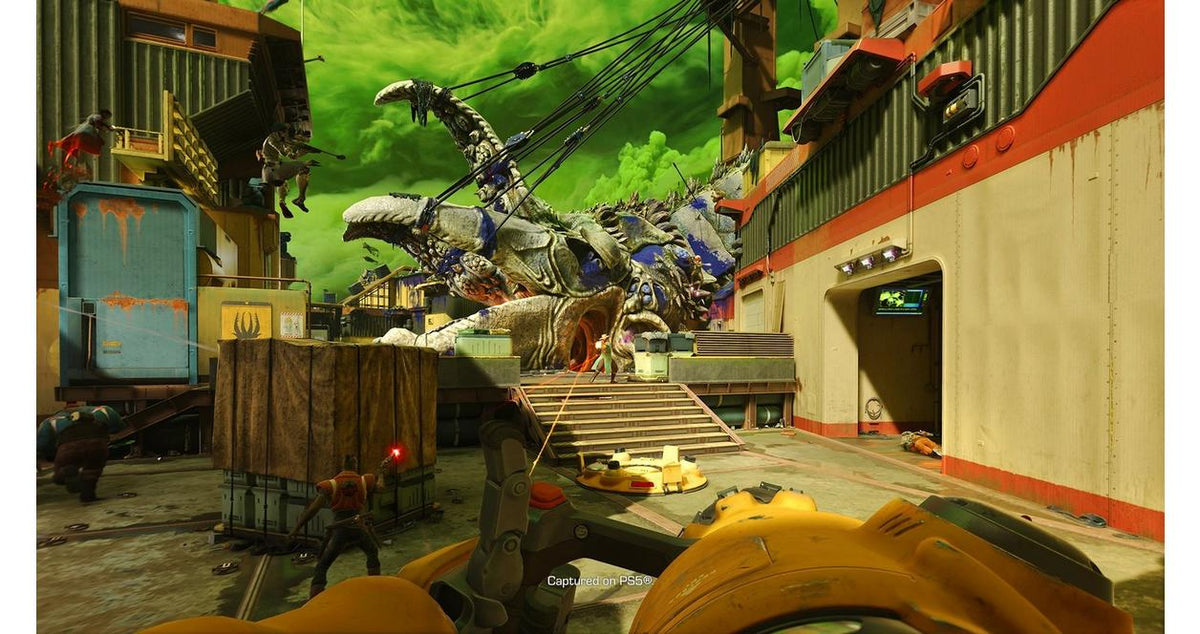 First-person Concord action with a yellow weapon beneath a green sky