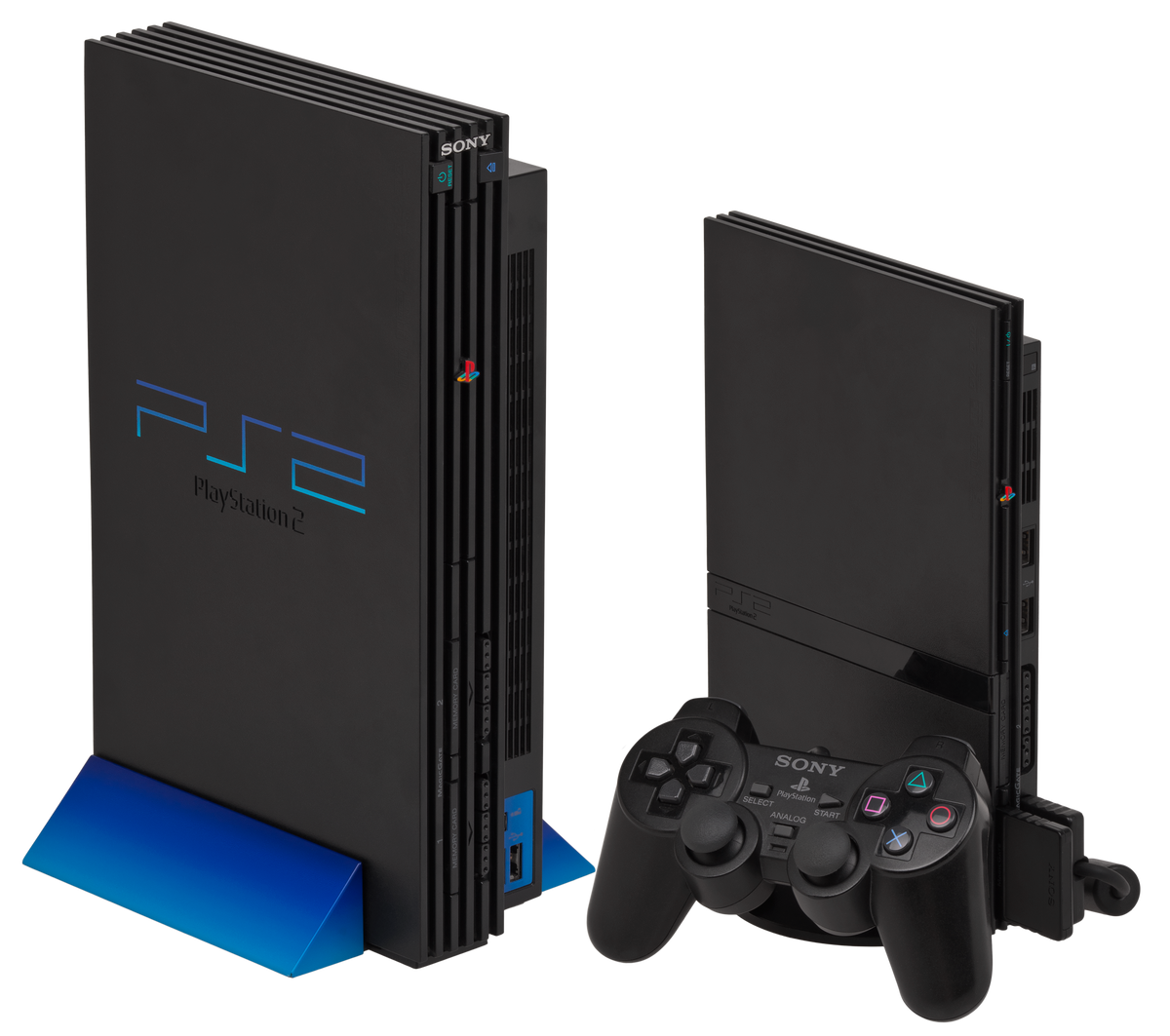 Original PlayStation 2 SCPH-30001 beside the slimmer SCPH-70001 model