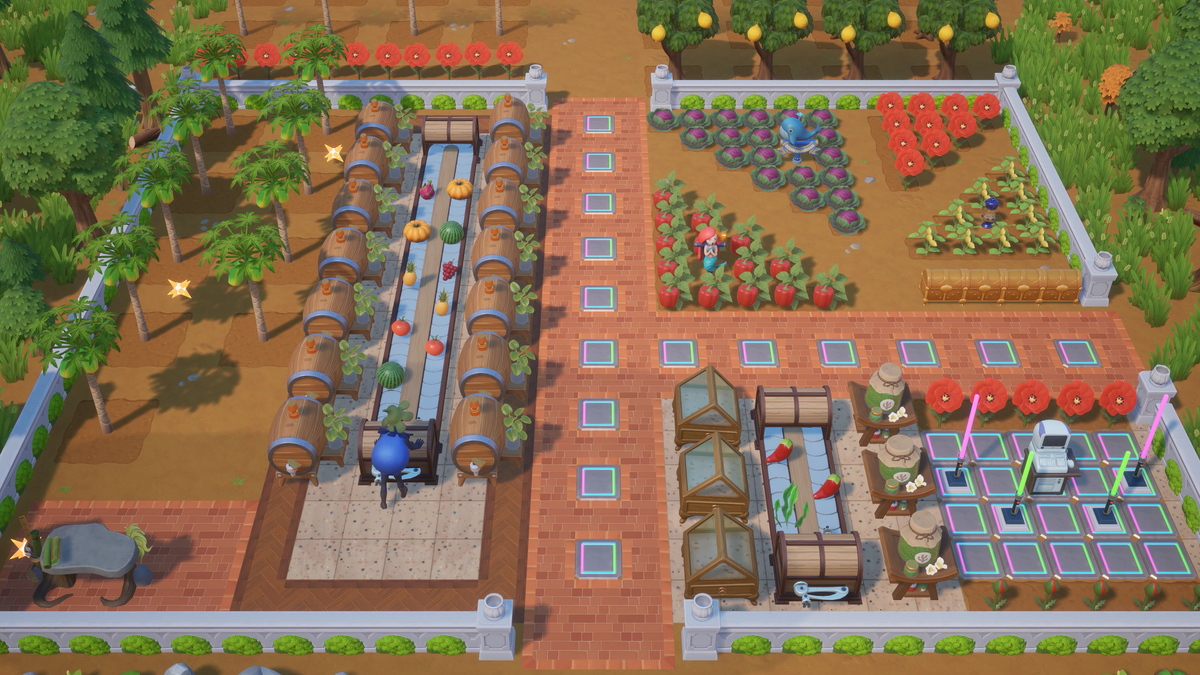 Earlier Coral Island press screenshot showing crop plots, paths and farm-processing equipment; not the upcoming Nintendo Switch 2 build