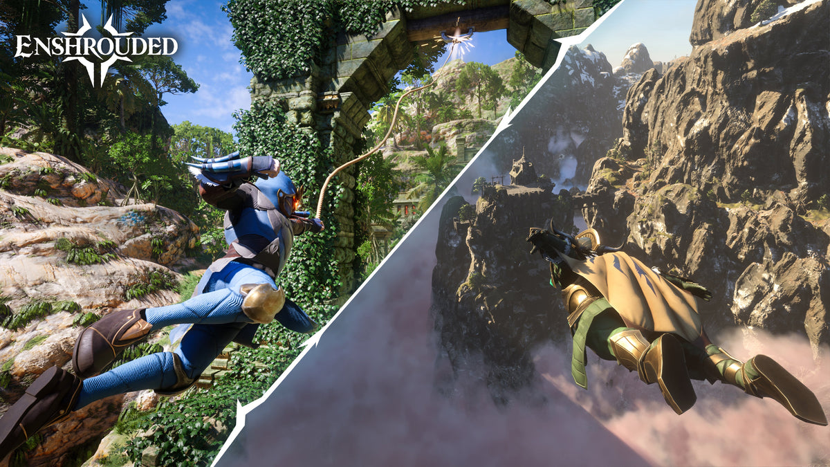 Two Enshrouded players glide over a rocky landscape in an official 1.0 promotional screenshot.