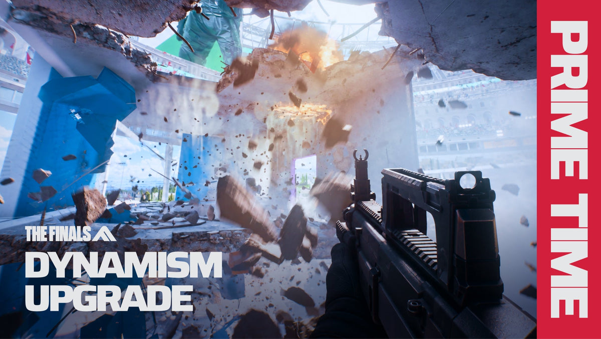 A structure breaks apart around a first-person weapon in THE FINALS PRIME TIME promotional gameplay image