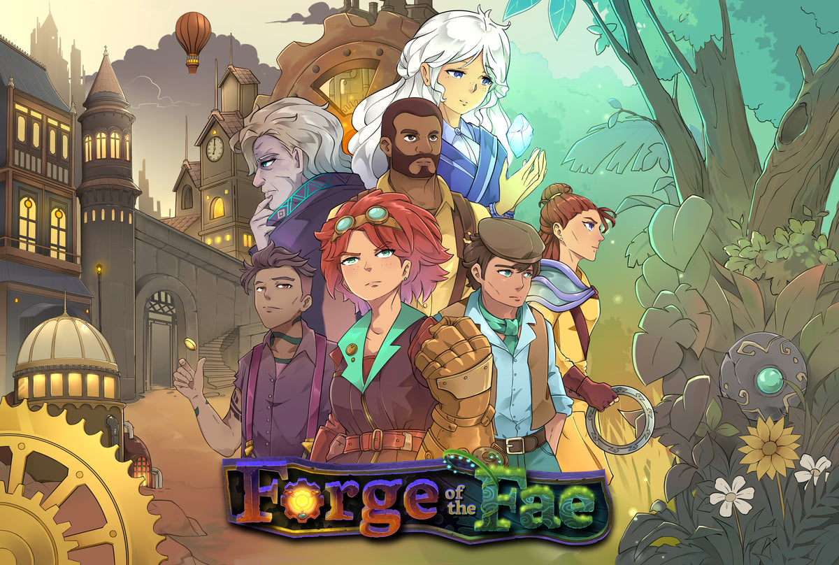 Official Forge of the Fae artwork shows Fiora and the cast between an industrial town and a magical forest