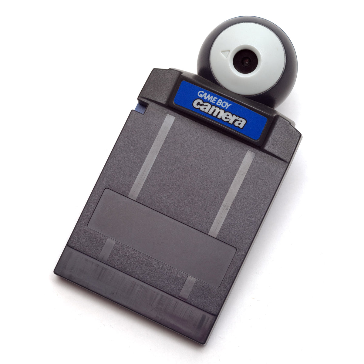 Blue-labeled Game Boy Camera cartridge with its round swiveling lens