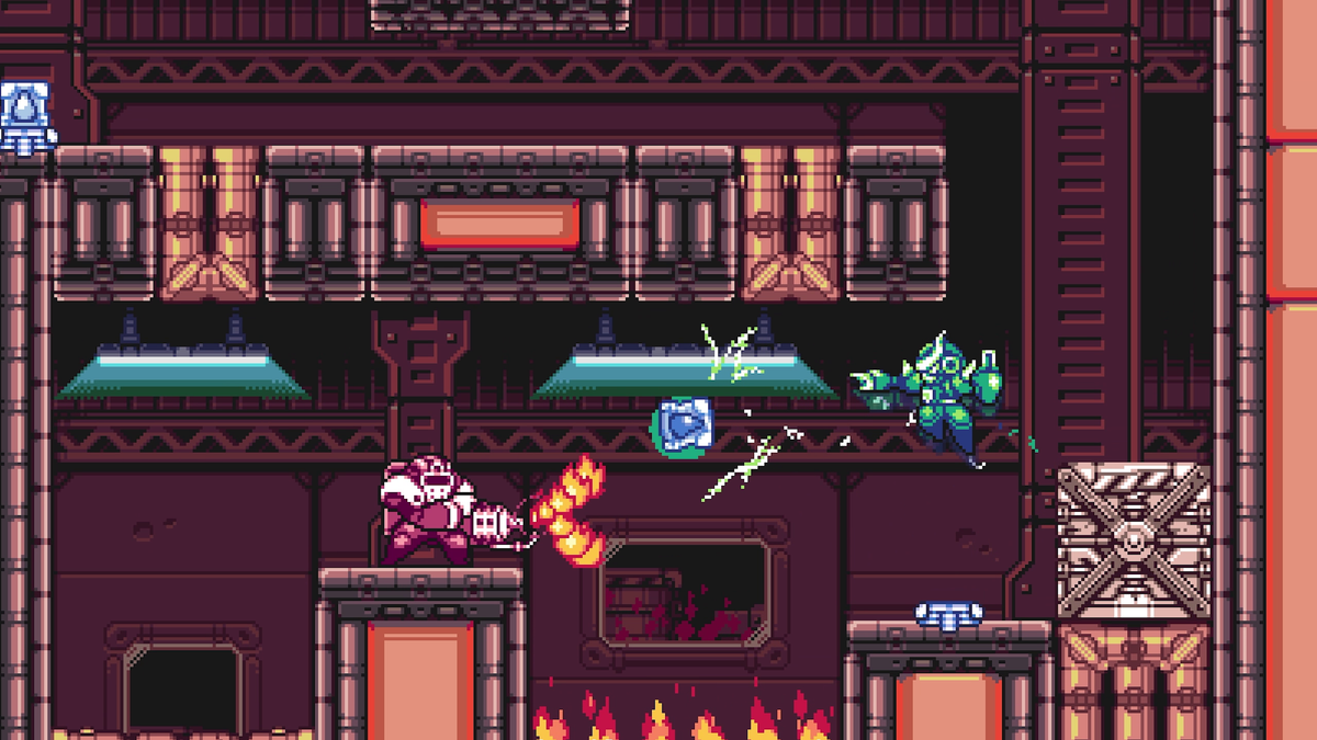 Gravity Circuit 2 official screenshot of blue-armored Kai attacking an enemy in an industrial stage