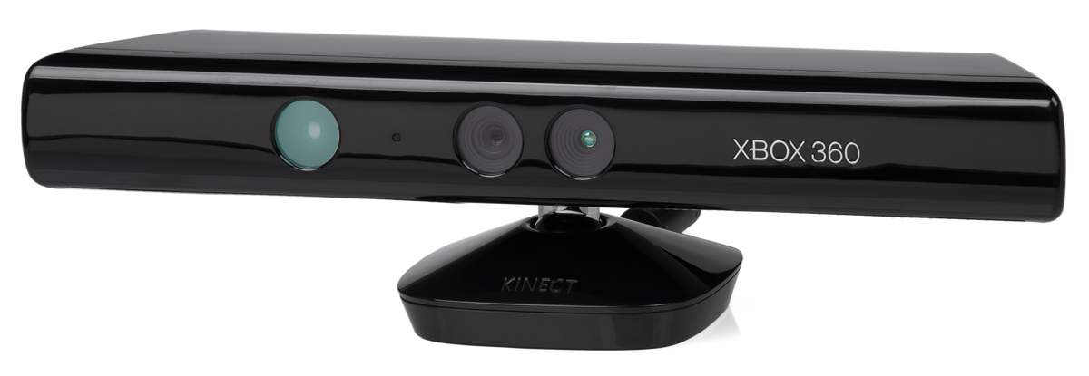 Original Xbox 360 Kinect sensor viewed from the front, showing its cameras and motorized stand
