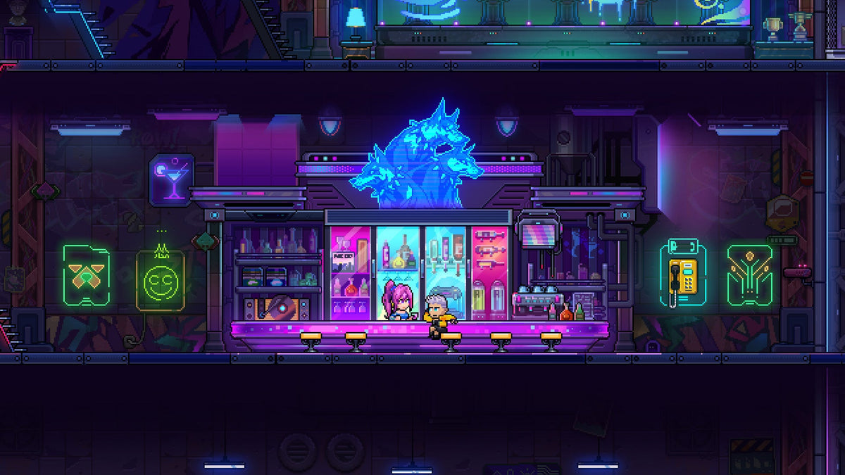 Neon Abyss 2 promotional screenshot of a neon-lit bar with a blue creature sign