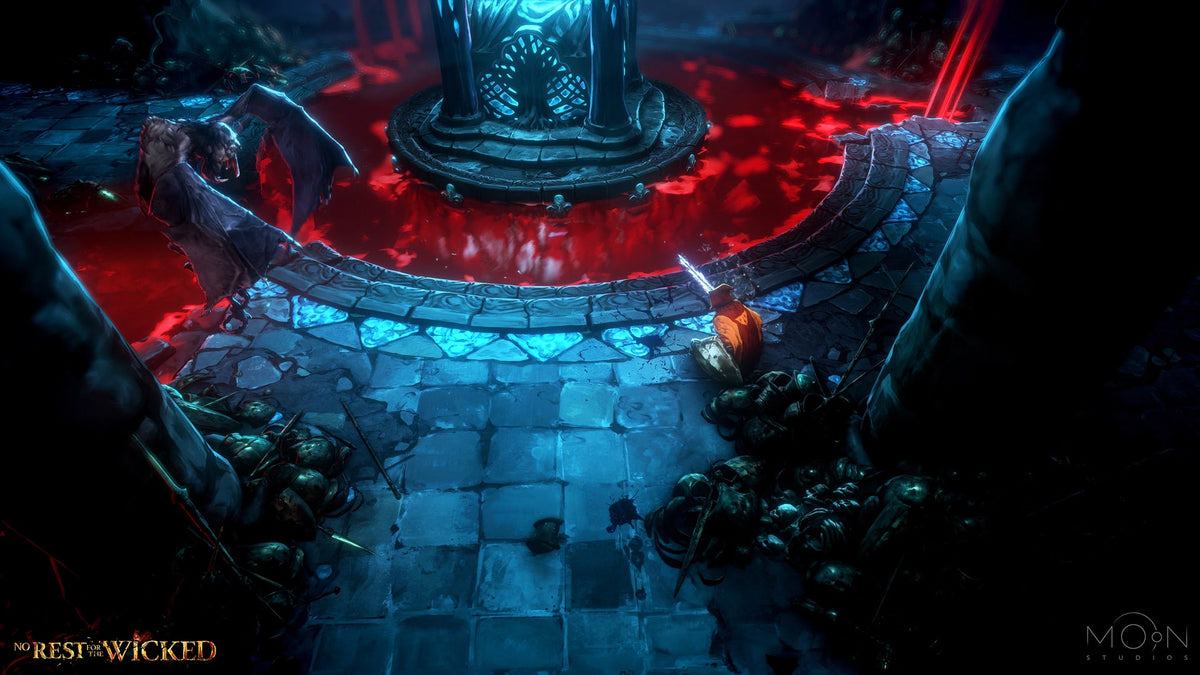 No Rest for the Wicked official screenshot showing a sword-wielding character facing a winged creature beside a red pool