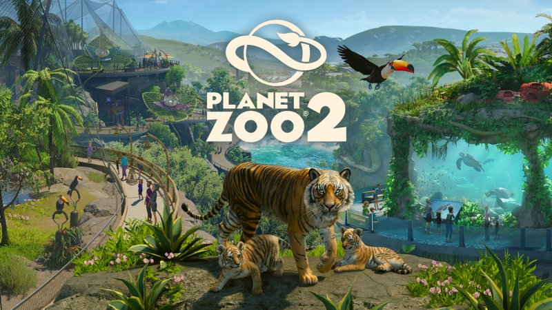 Official Planet Zoo 2 promotional artwork with tiger, birds and aquatic habitats