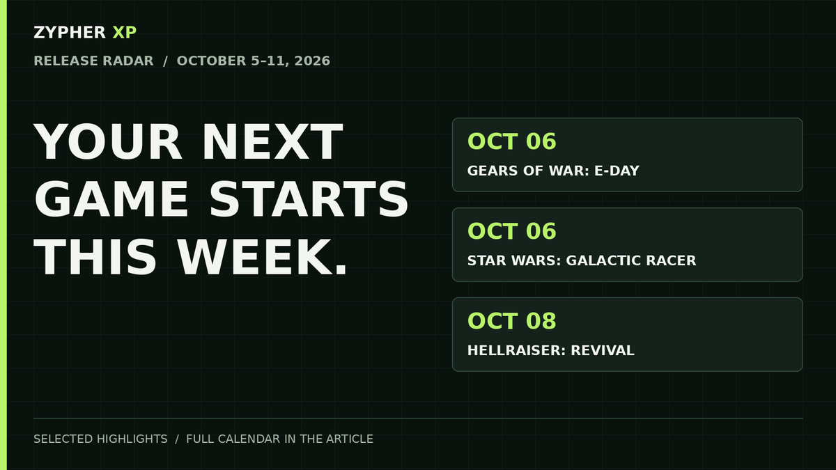 Zypher XP release radar for October 5 through 11, 2026. Selected highlights: Gears of War: E-Day and Star Wars: Galactic Racer on October 6, Hellraiser: Revival on October 8.