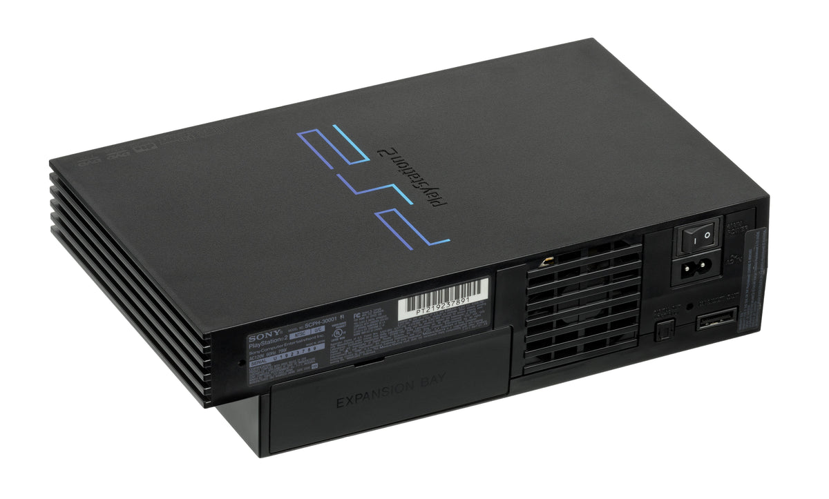 PlayStation 2 SCPH-30001 console viewed from the rear, with its PS2 logo and model label visible