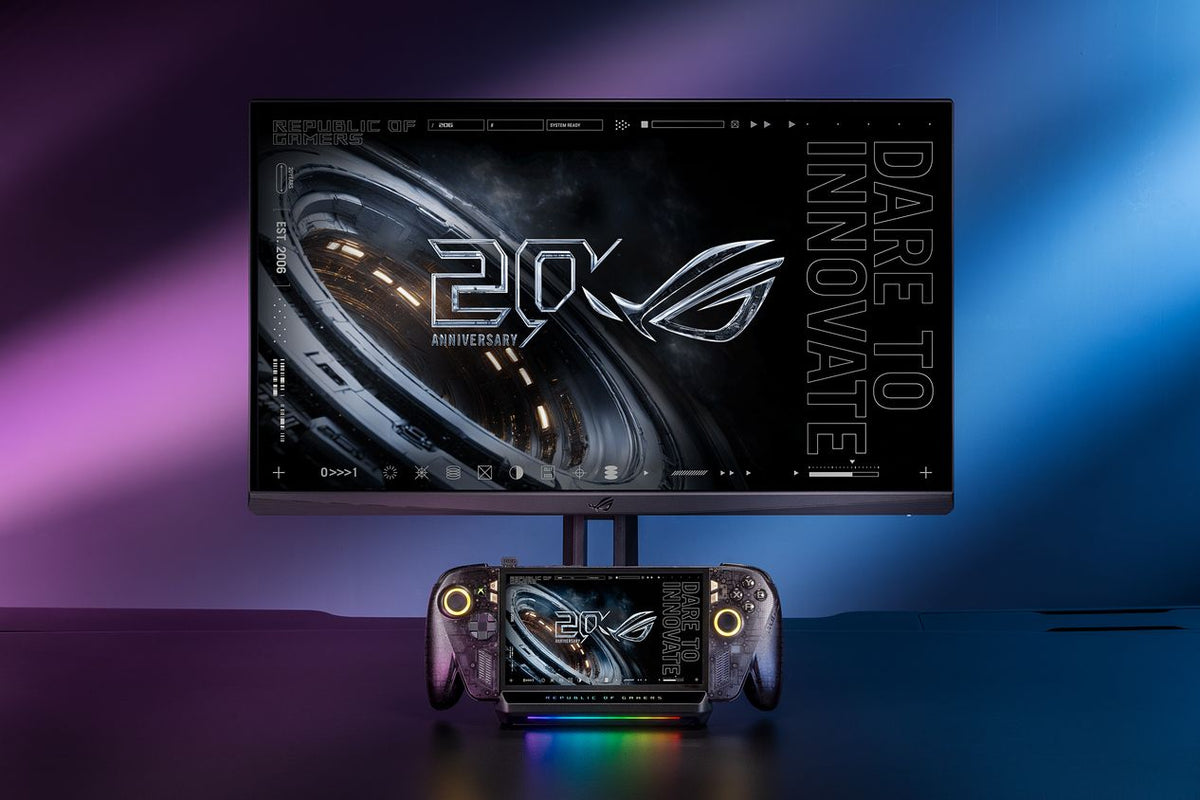 ROG Xbox Ally handheld on the Bulwark DG310 dock beneath an external display