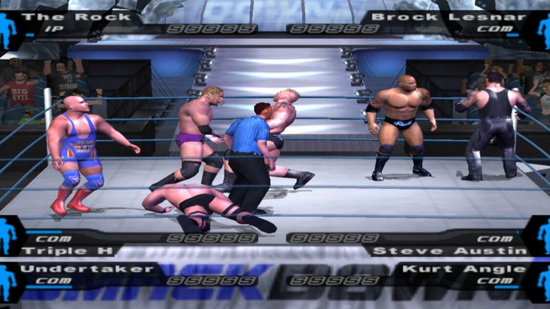 Six wrestlers share the ring in WWE SmackDown! Here Comes the Pain on PlayStation 2