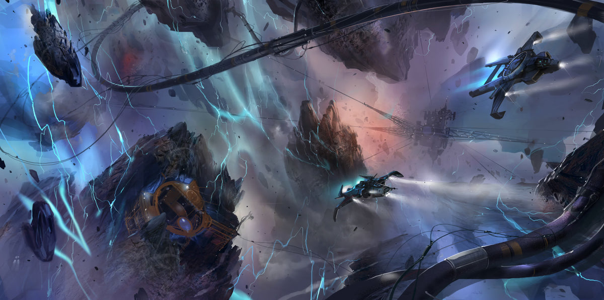 Spacecraft flying through a dense asteroid field in Cloud Imperium concept art