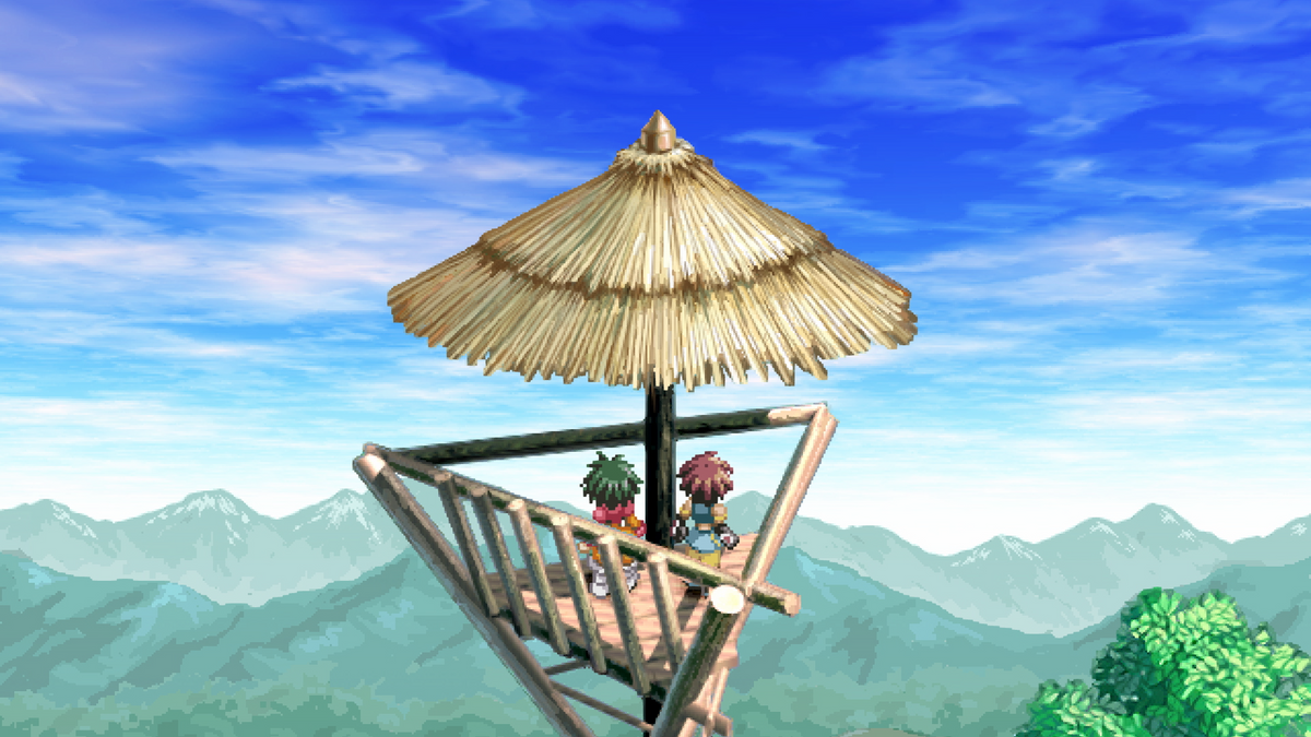 Rid and Farah stand beneath a tall stone watchtower in Tales of Eternia Remastered.