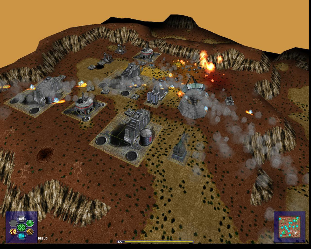 Warzone 2100 artillery units firing across a desert battlefield