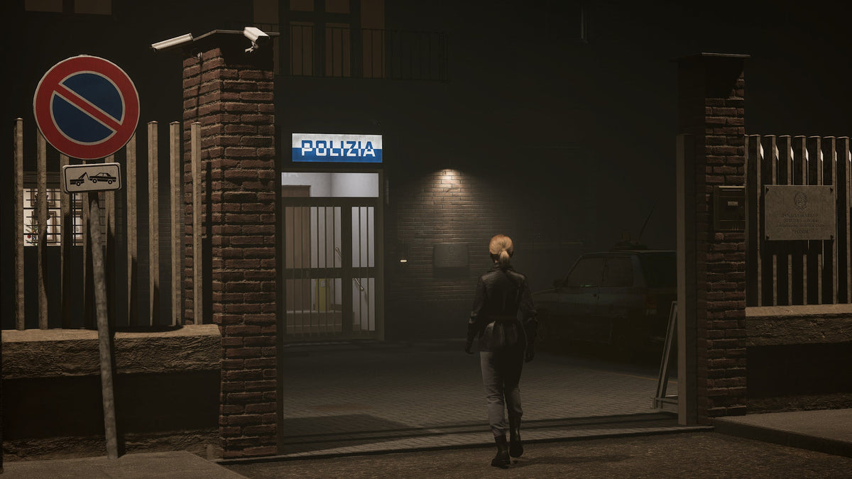 Mila approaches a police station at night in When Sirens Fall Silent