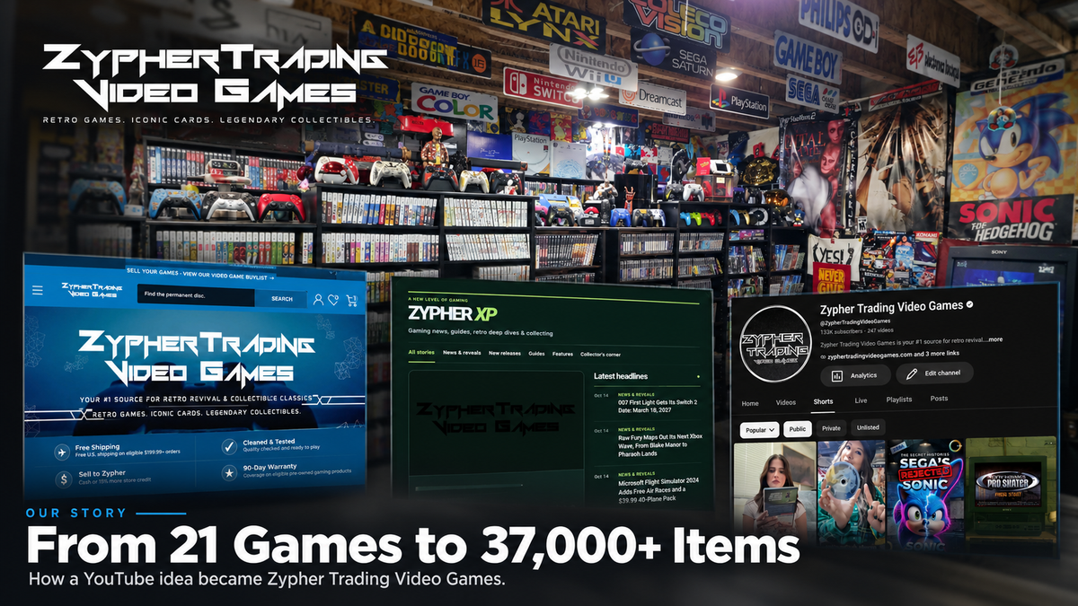 Zypher origin story feature artwork showing the current store, website, Zypher XP, and YouTube channel