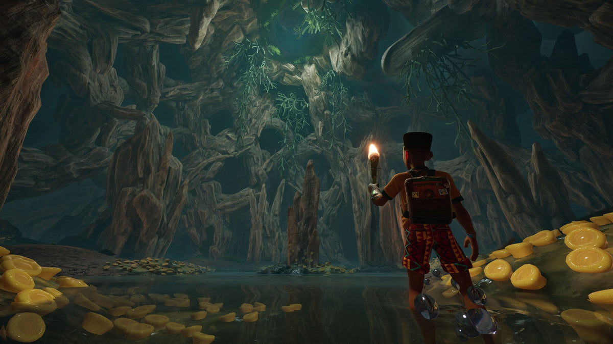 Player character holding a torch while wading through an underground flooded cave chamber in Grounded 2