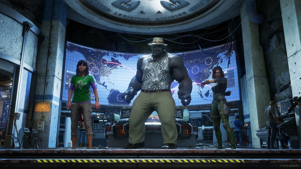 Kamala Khan, Hulk dressed in casual attire, and Black Widow standing in a command base in Marvel's Avengers