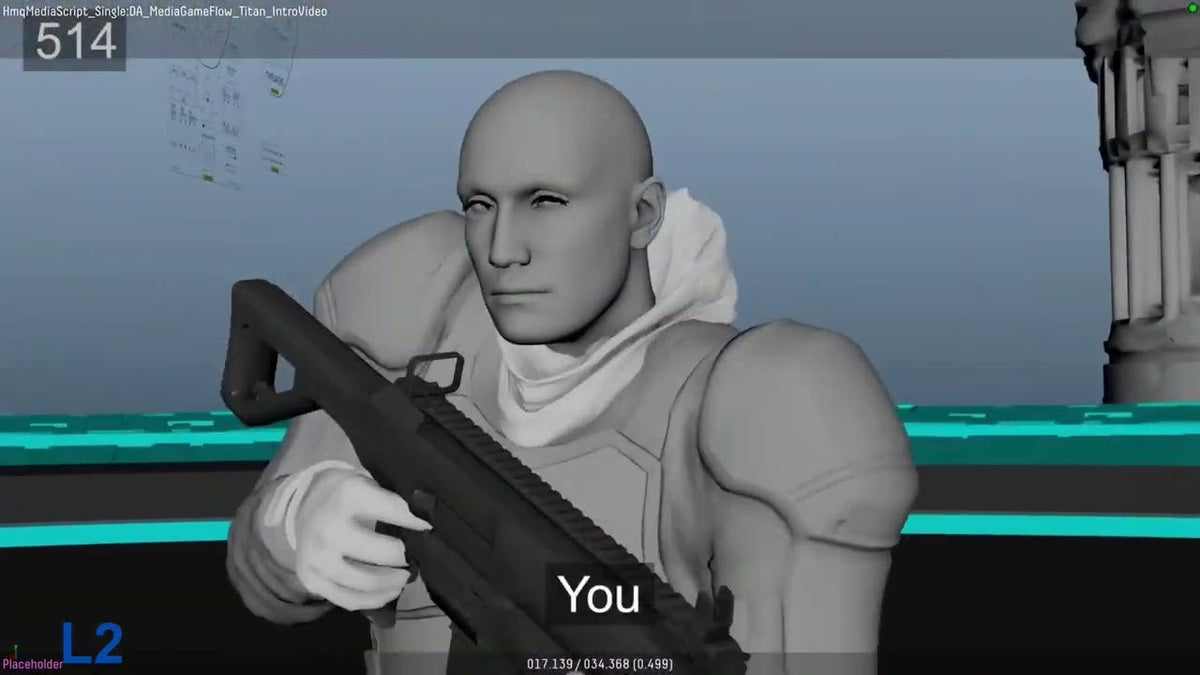 Early development 3D blockout animation of a character holding a weapon with developer overlay text