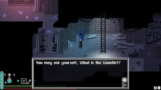 Gameplay screenshot from Fountains showing the player interacting with the Gauntlet NPC.