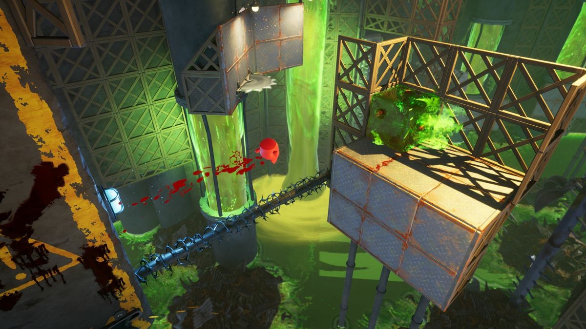 Meat Boy jumps through an industrial area with green liquid and machinery in Super Meat Boy 3D