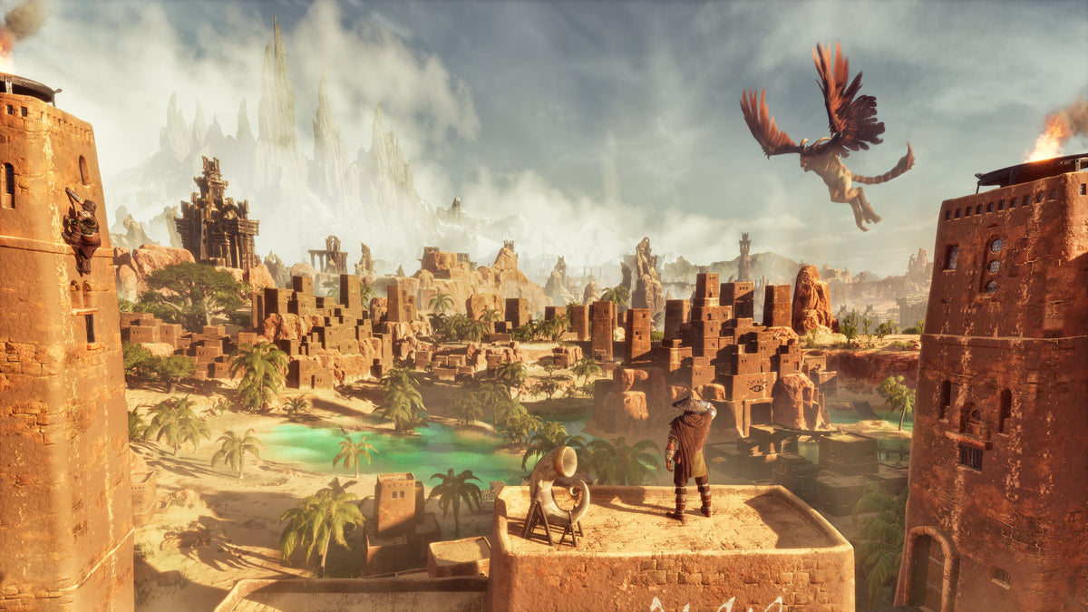 A character looks over Sepermeru in an official Conan Exiles Enhanced promotional screenshot