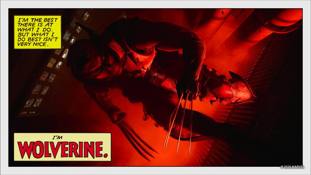 Photo Mode screenshot from Marvel's Wolverine featuring Wolverine posed under red lighting in a comic book frame style with text boxes