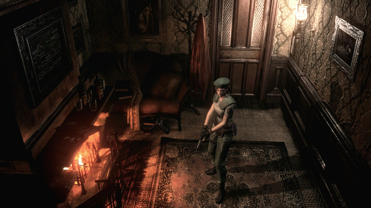 Jill Valentine stands in a mansion room with a fireplace in Resident Evil HD Remaster on PC
