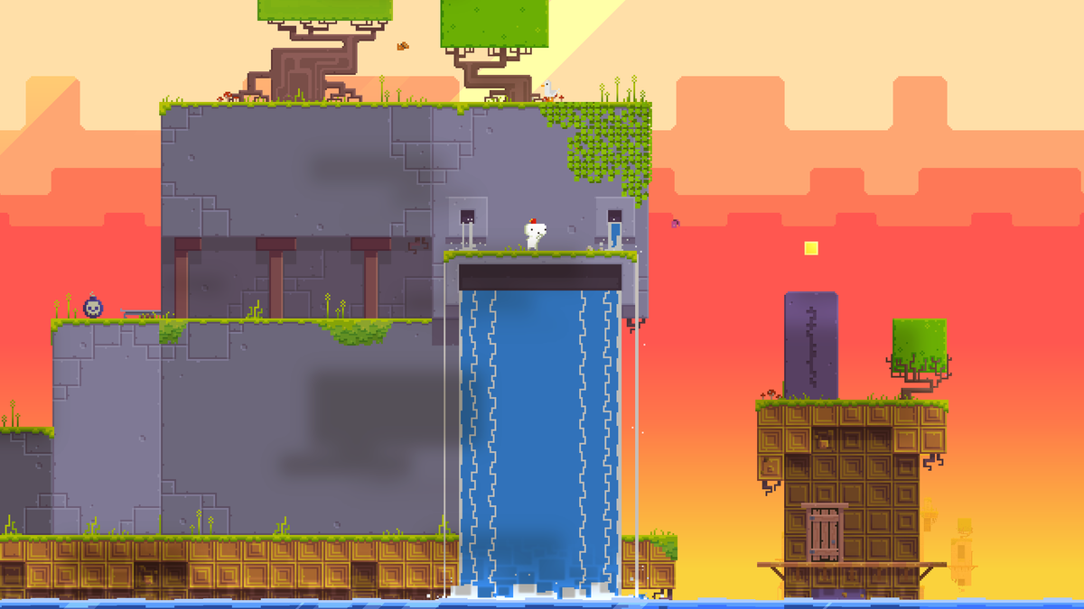 Gomez stands by a doorway above a waterfall in FEZ, against an orange sky and floating stone platforms